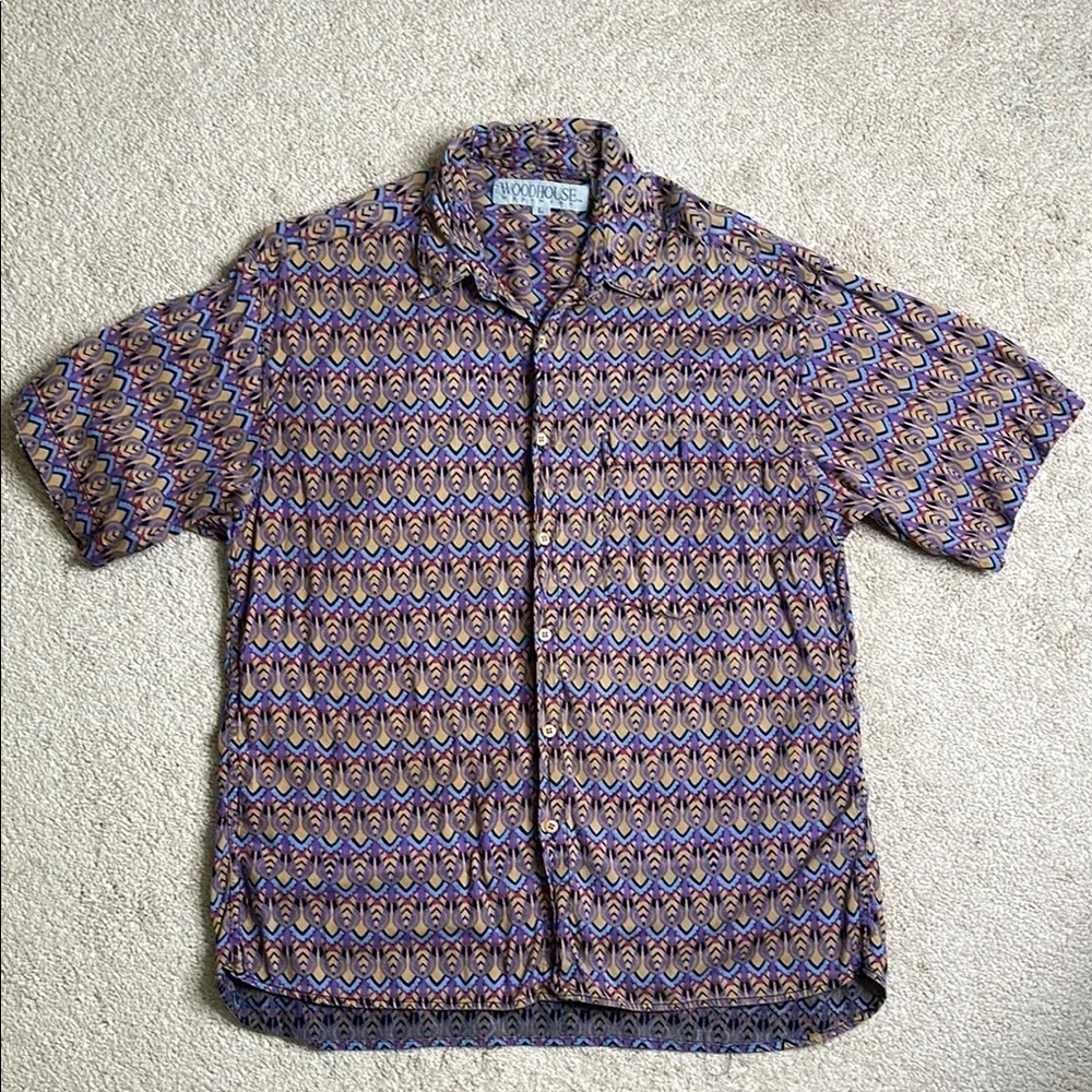 Woodhouse Blue and Brown Casual Button Down Shirt with Geometric Pattern